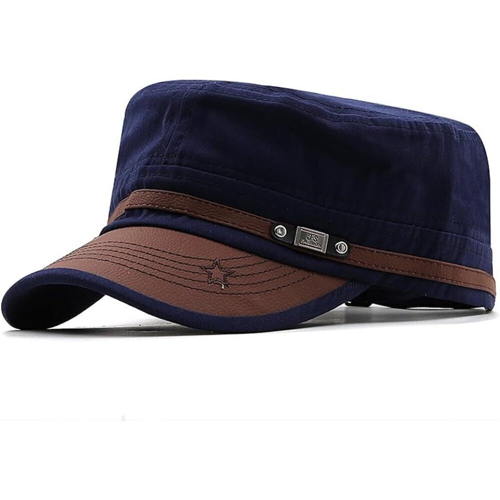 Army Cadet Cap Cotton Unisex Flat Top Hat Adjustable Buckle Navy Blue